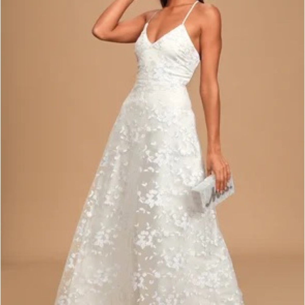 NWT Lulu’s Magically Charming White Sequin Embroidered Lace Up Maxi Gown- Size S